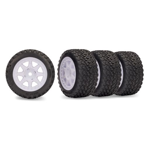 Traxxas Tires & wheels, assembled, glued (white wheels, dual profile (2.0'' outer, 2.6'' inner), rally tires) (front (2), rear (2)) - TRA10874