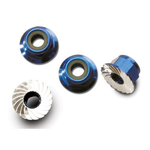 Traxxas 4mm Aluminum Flanged Serrated Nuts (Blue) (4)
