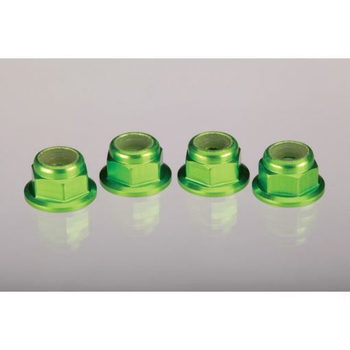 Nuts, aluminum, flanged, serrated (4mm) (green-anodized) (4)