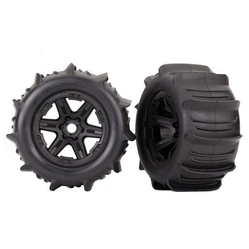 Traxxas Tires & wheels, assembled, glued (black Carbide 3.8'' wheels, paddle tires, foam inserts) (2) (TSM rated) - TRA8674