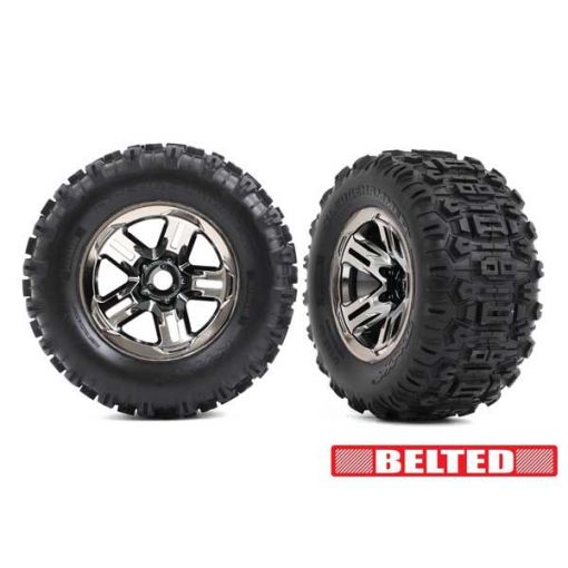 Traxxas Tires & wheels, assembled, glued (3.8'' black chrome wheels, belted Sledgehammer® tires, foam inserts) (2) - TRA9573A