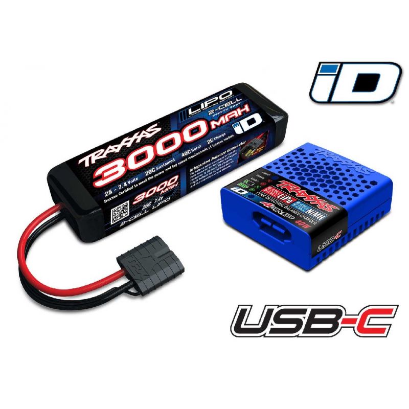 Traxxas Battery/Charger Completer Pack (Includes #2985 USB-C NiMH/LiPo iD Charger (1), #2827X 3000mAh 7.4V 2-cell LiPo iD Battery (1)) - TRA2985-2S